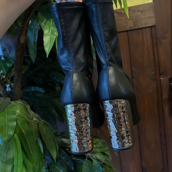 Qupid Black Faux Leather Ankle Sock Booties w/ Gold Block Heels - Picture 2 of 4